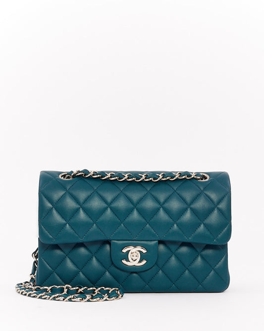 Chanel Blue Lambskin Leather Small Classic Double Flap Bag with Silver Hardware