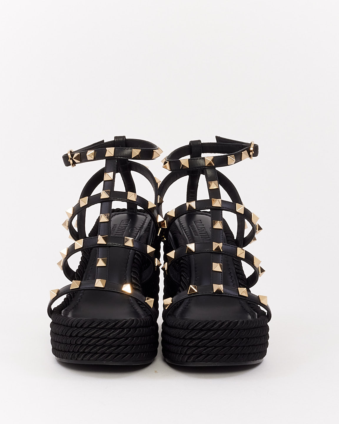 Valentino Black Leather Ankle Strap Rockstud Wedges - 37