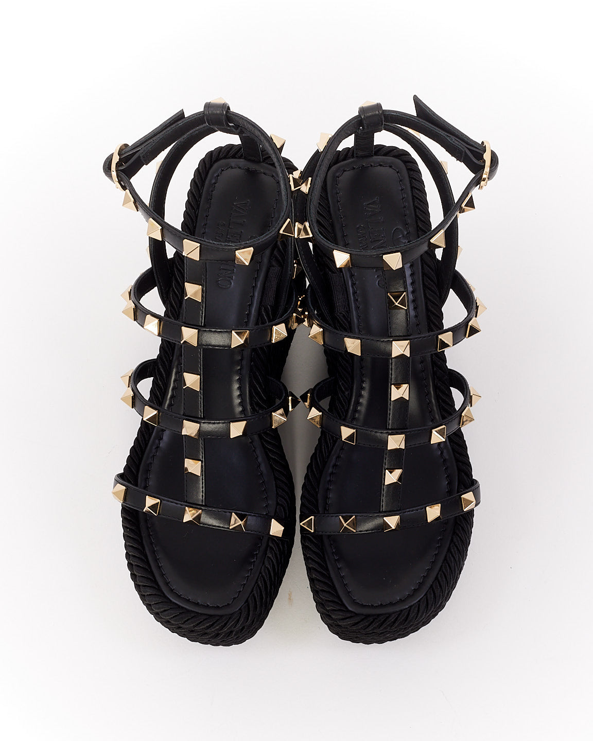 Valentino Black Leather Ankle Strap Rockstud Wedges - 37