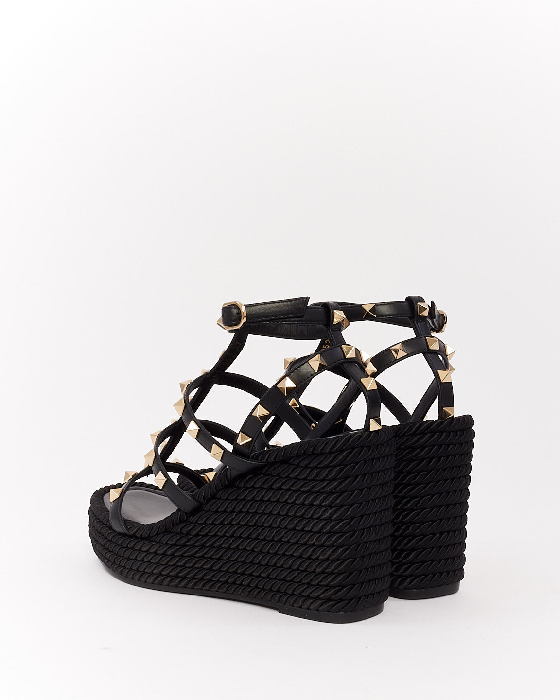 Valentino Black Leather Ankle Strap Rockstud Wedges - 37