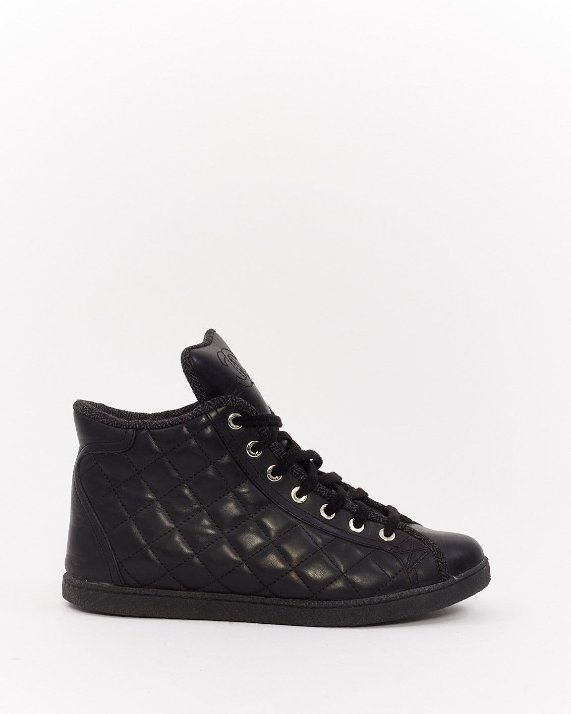 Chanel Black Quilted Lambskin Leather High Top Sneakers - 37.5