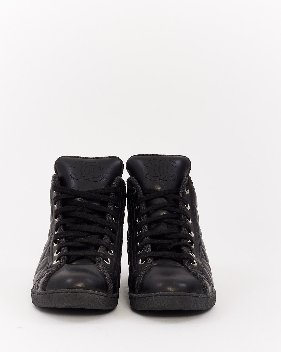 Chanel Black Quilted Lambskin Leather High Top Sneakers - 37.5