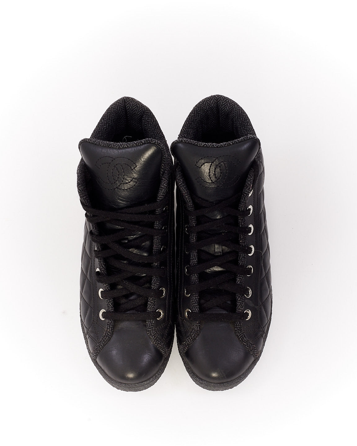 Chanel Black Quilted Lambskin Leather High Top Sneakers - 37.5