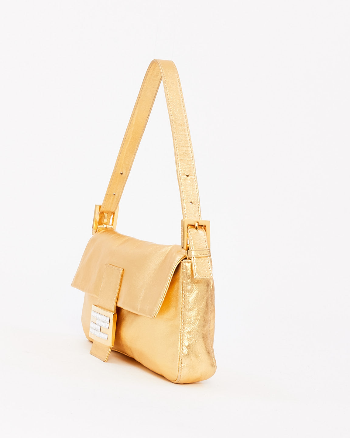 Fendi Gold Leather Crystal Buckle Baguette Bag