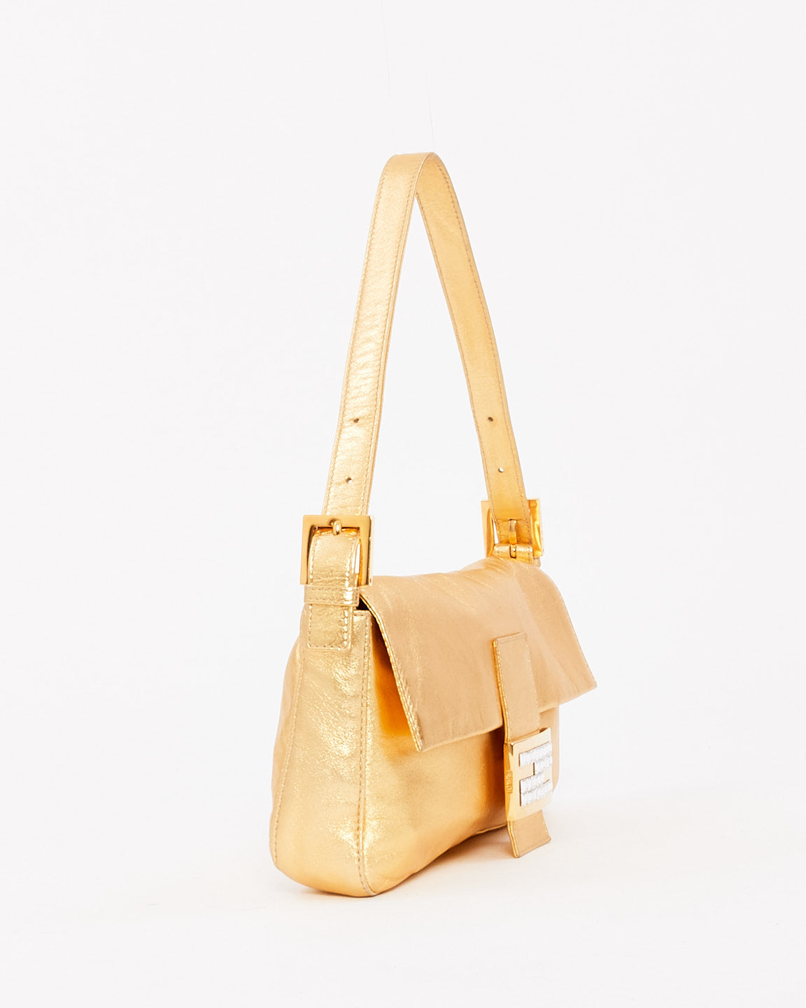 Fendi Gold Leather Crystal Buckle Baguette Bag