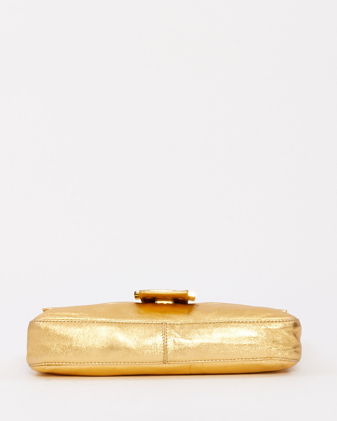 Fendi Gold Leather Crystal Buckle Baguette Bag