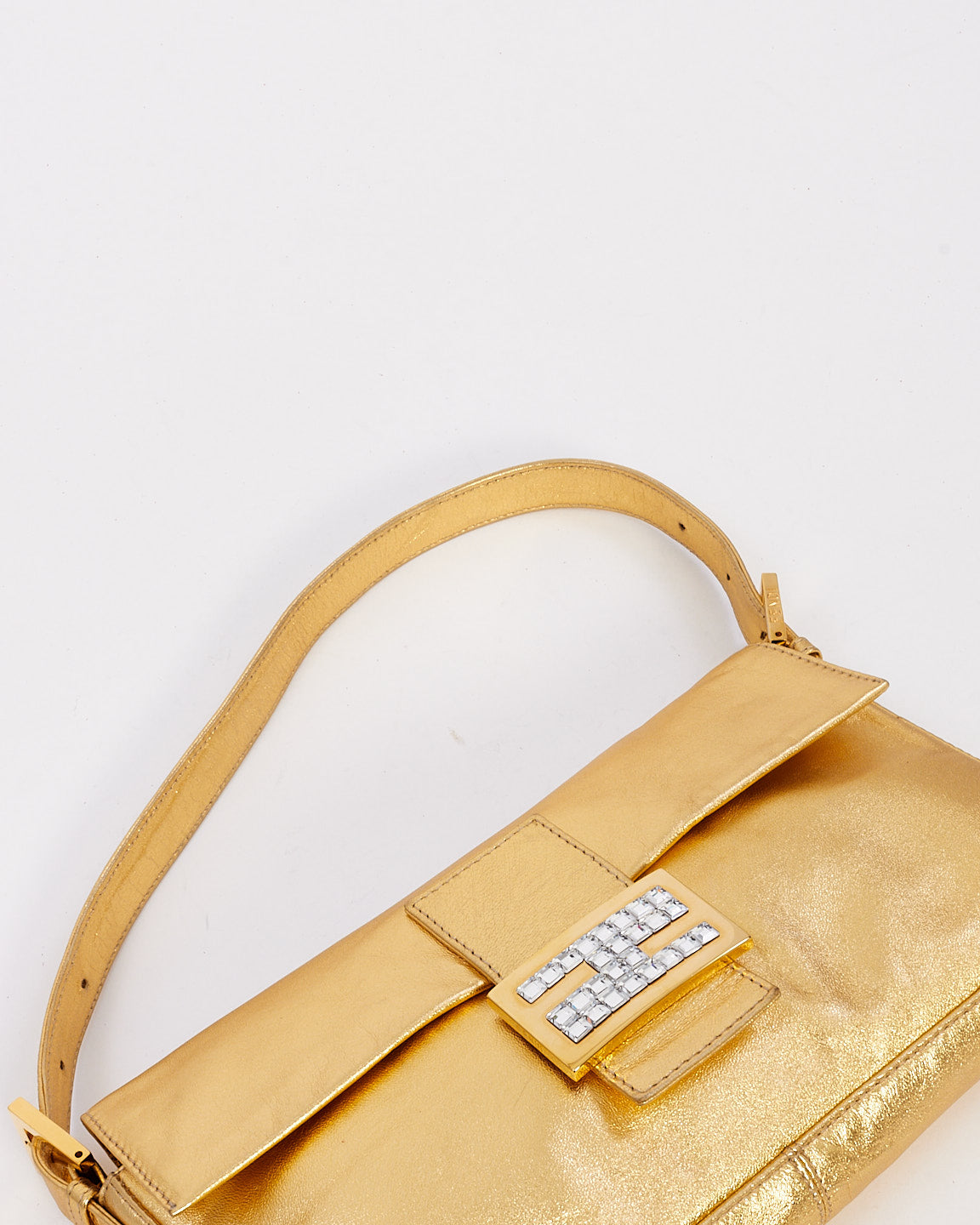 Fendi Gold Leather Crystal Buckle Baguette Bag