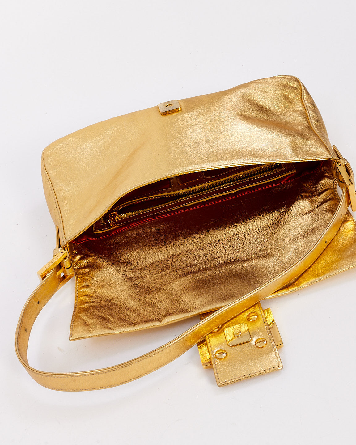 Fendi Gold Leather Crystal Buckle Baguette Bag