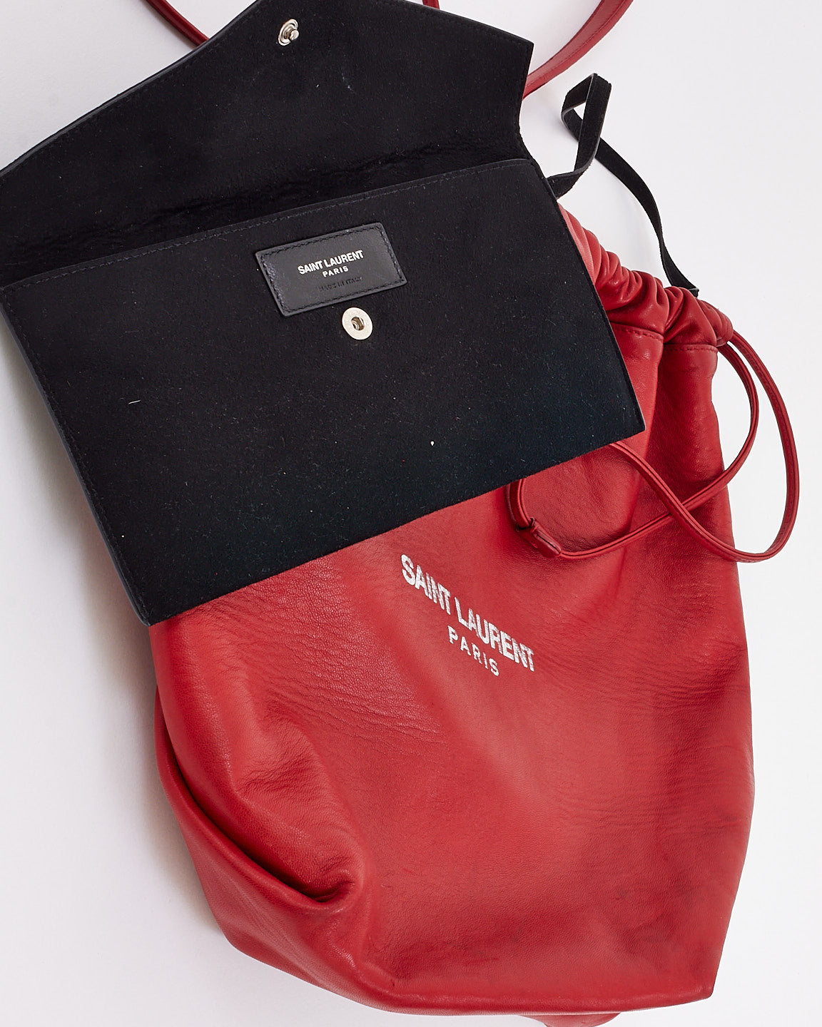 Saint Laurent Red Leather Logo Teddy Bucket Bag