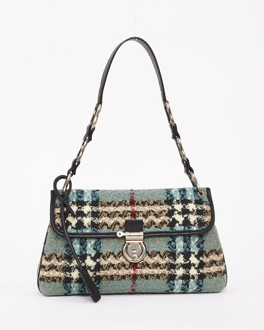 Burberry Blue Tweed Check Print Shoulder Bag