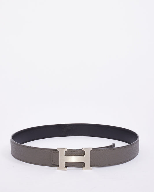 Hermès Grey 
Black Leather Brushed Silver Buckle H Belt - 80