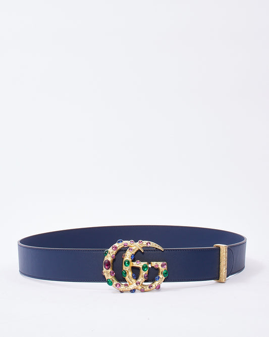 Gucci Navy Leather Multicolour Gemstone Embellished GG Marmont Belt - 95/38