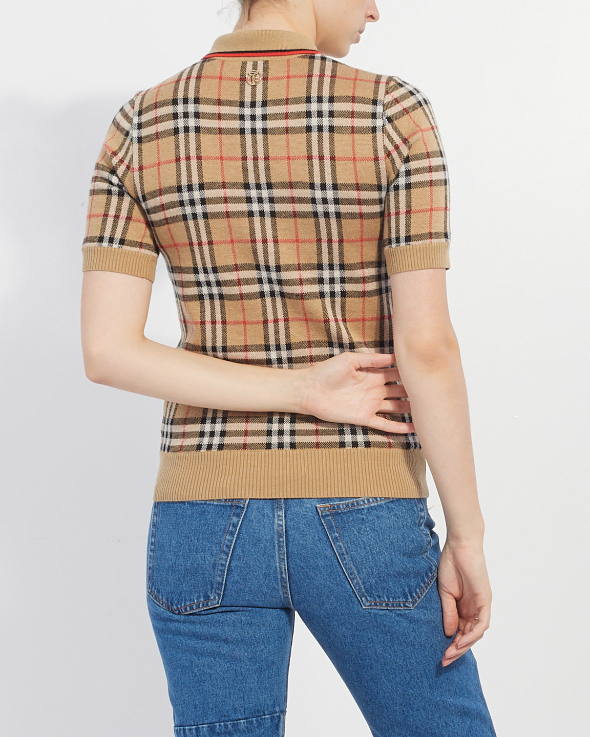 Burberry Beige Wool Check Print Polo Short Sleeve Shirt- S