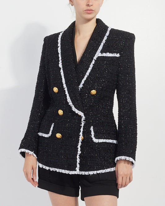 Balmain Black 
White Tweed Belted Blazer - 38