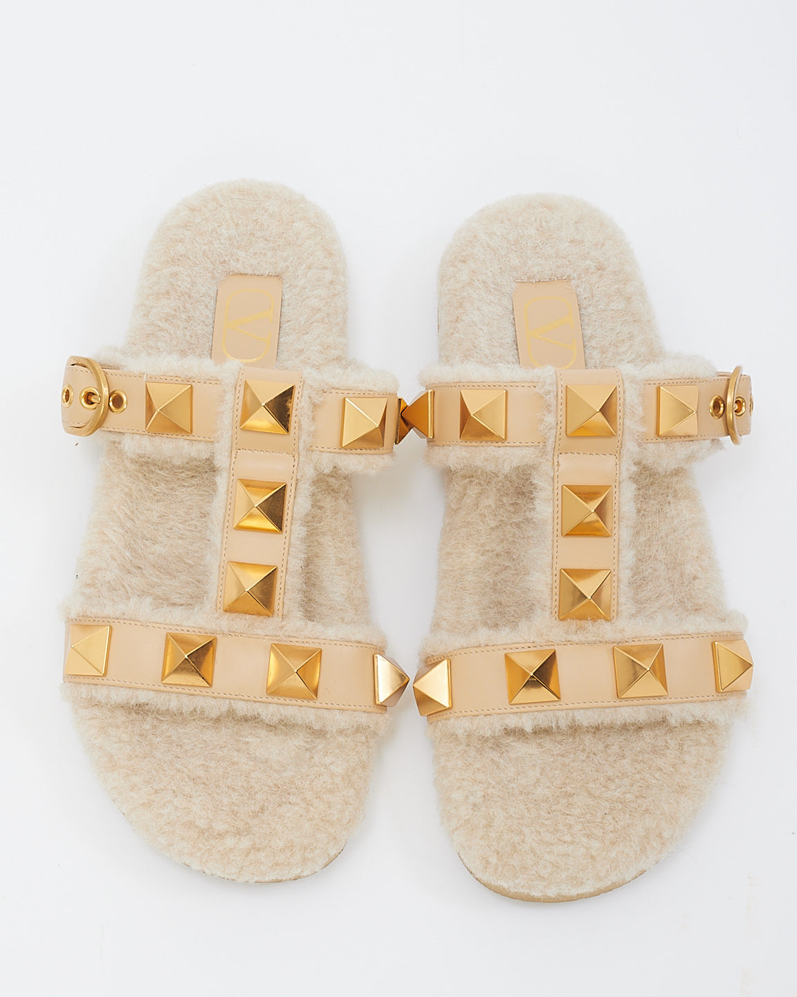 Valentino Beige Roman Stud Leather And Shearling Slide Sandals - 40