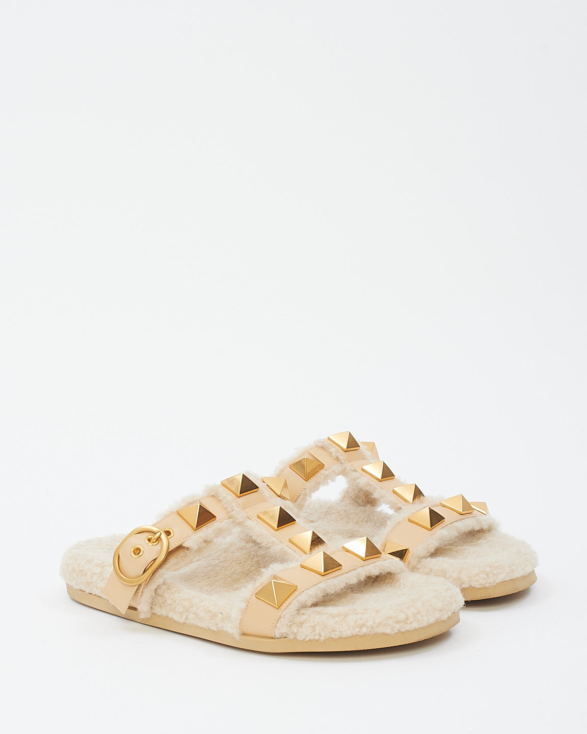 Valentino Beige Roman Stud Leather And Shearling Slide Sandals - 40