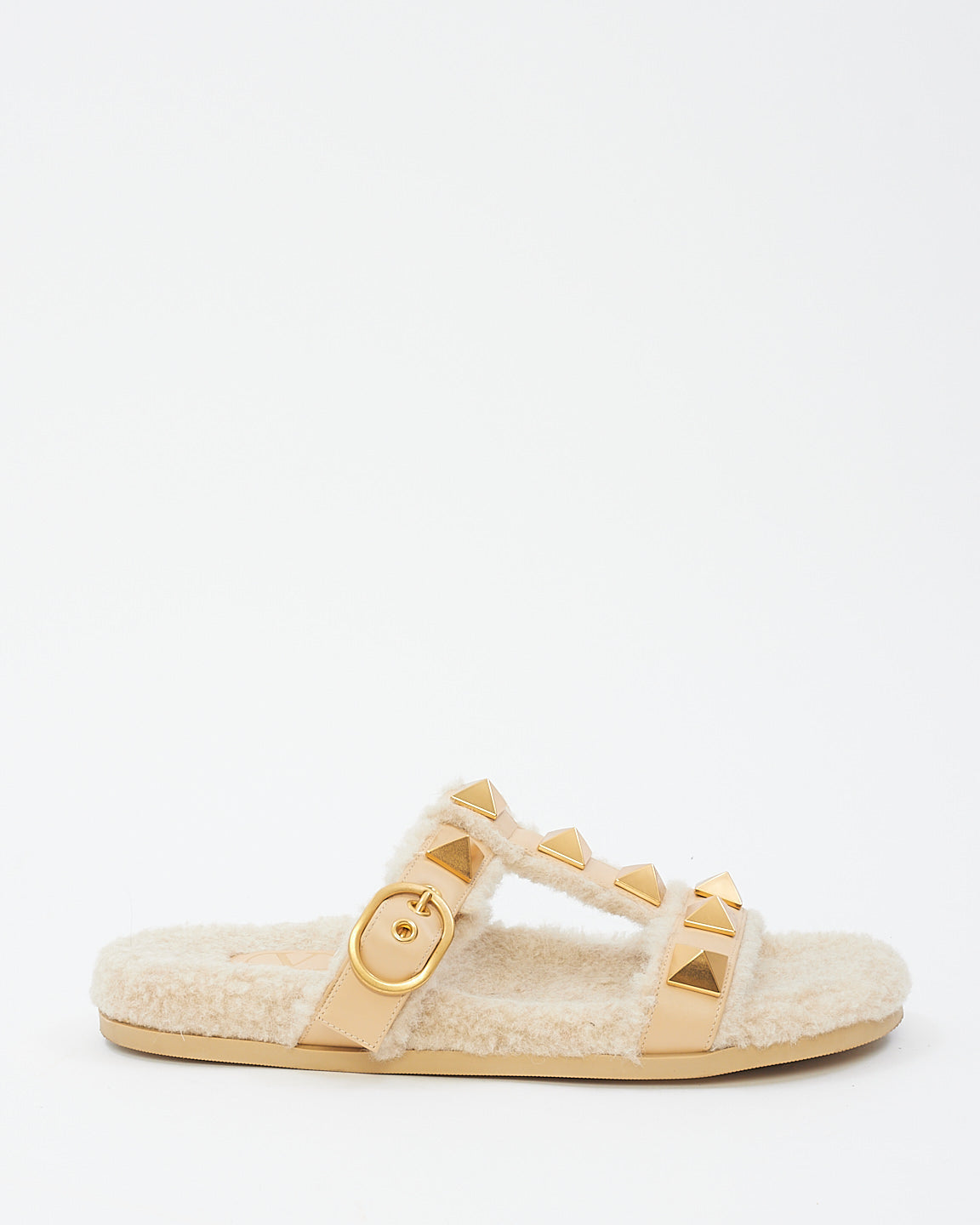 Valentino Beige Roman Stud Leather And Shearling Slide Sandals - 40