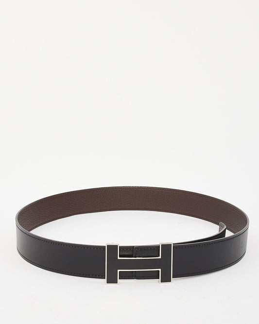 Hermès Black 
Brown Leather Black Buckle H Belt - 80