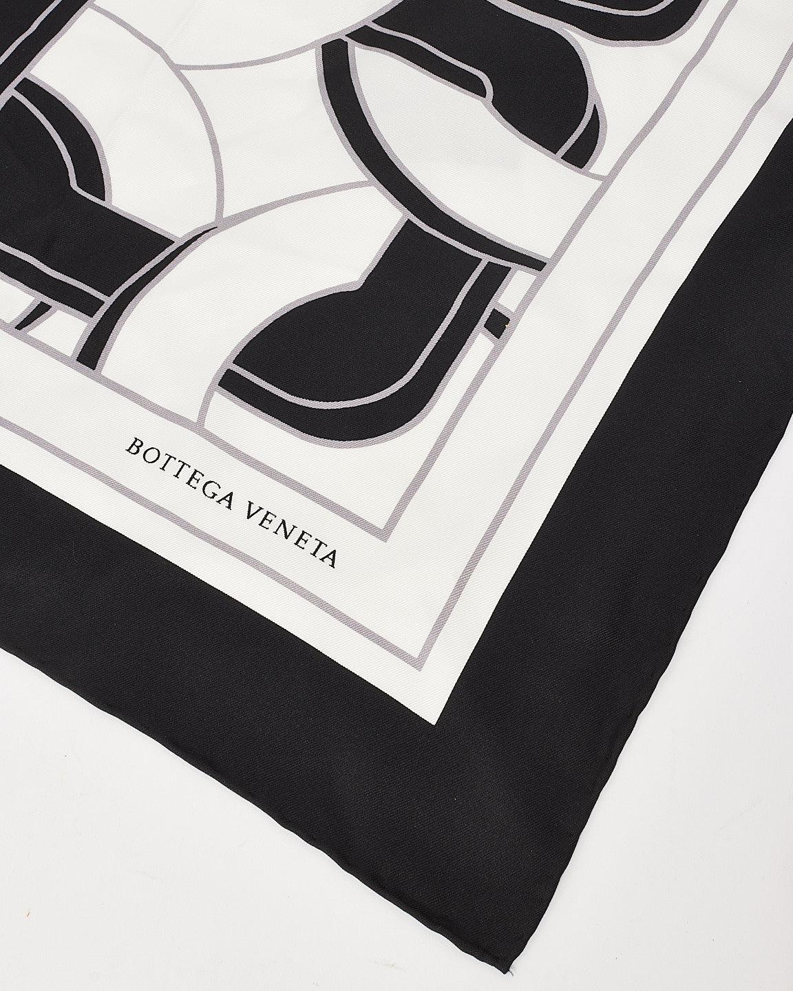 Bottega Veneta White 
Black Geometric Print Silk Scarf