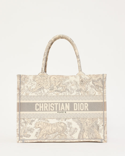 Dior Ecru and Gray Toile de Jouy Embroidery Canvas Medium Book Tote