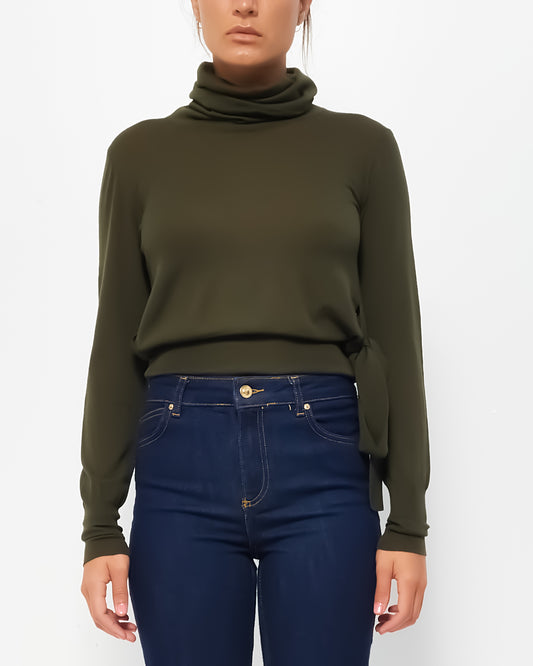 Chanel Army Green Wool Turtleneck Belt Tie Sweater - 40