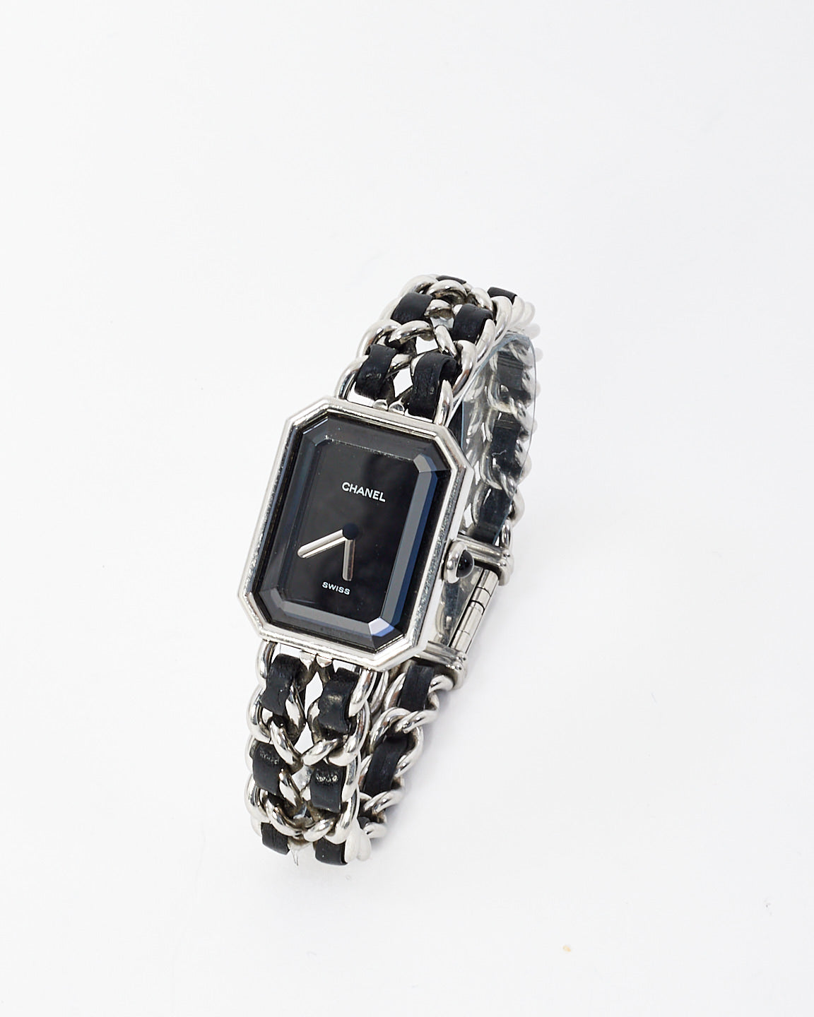 Chanel Sterling Silver 
Black Leather Premiere Iconic Chain Watch