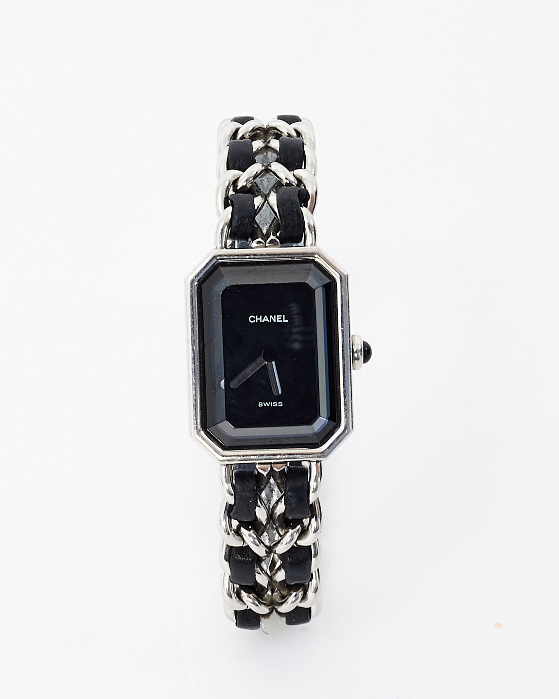 Chanel Sterling Silver 
Black Leather Premiere Iconic Chain Watch