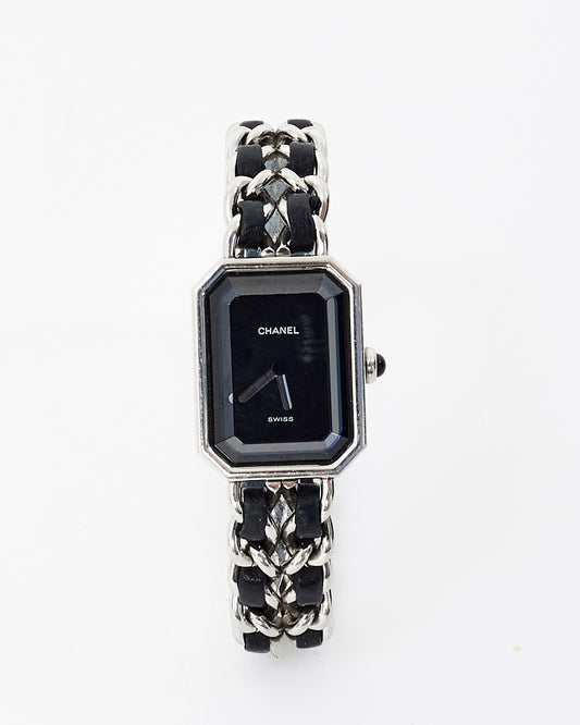 Chanel Sterling Silver 
Black Leather Premiere Iconic Chain Watch