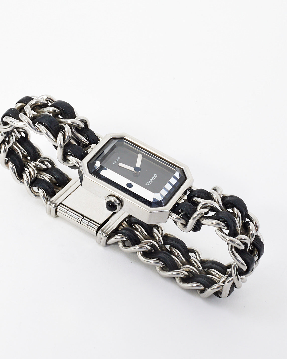 Chanel Sterling Silver 
Black Leather Premiere Iconic Chain Watch