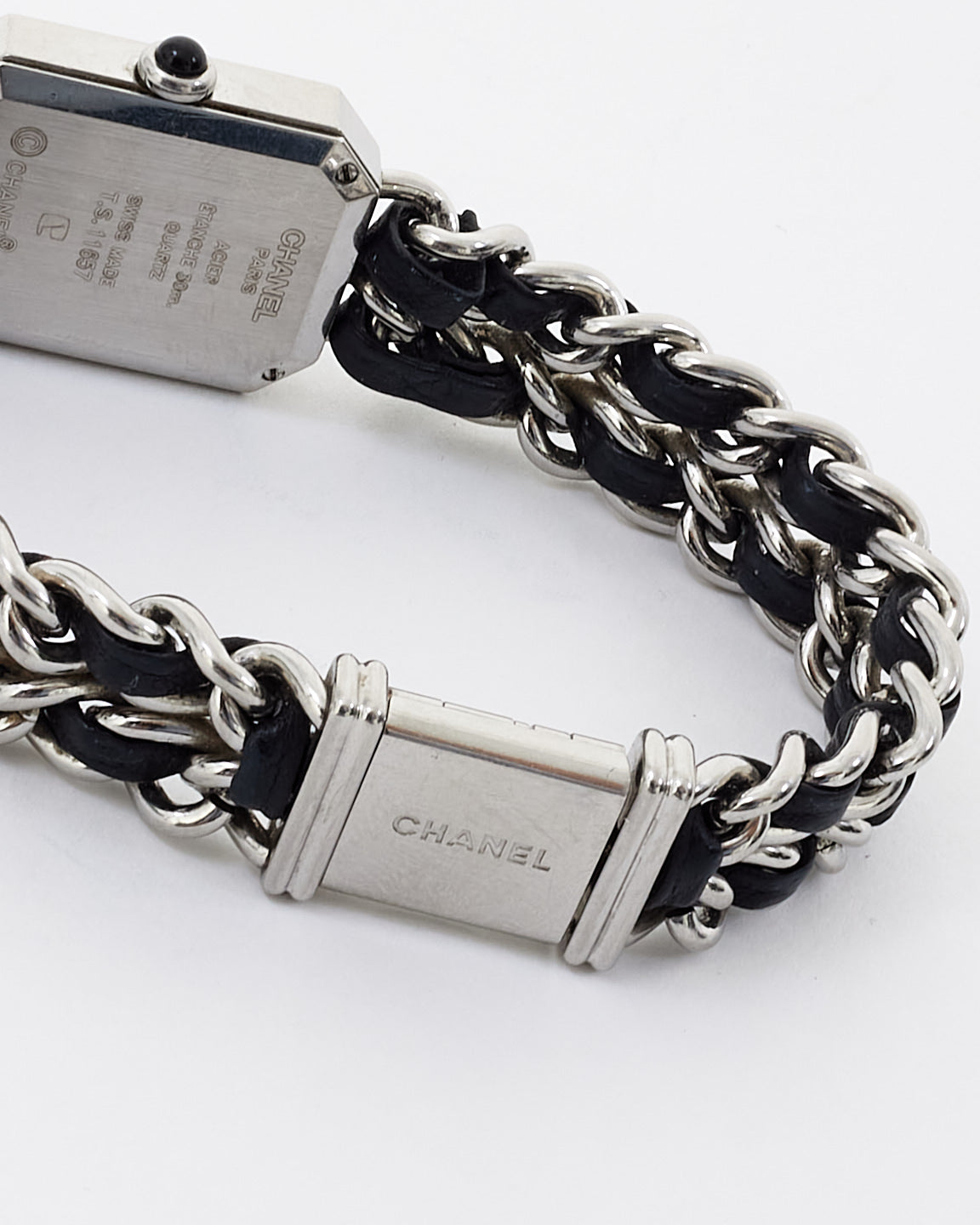 Chanel Sterling Silver 
Black Leather Premiere Iconic Chain Watch