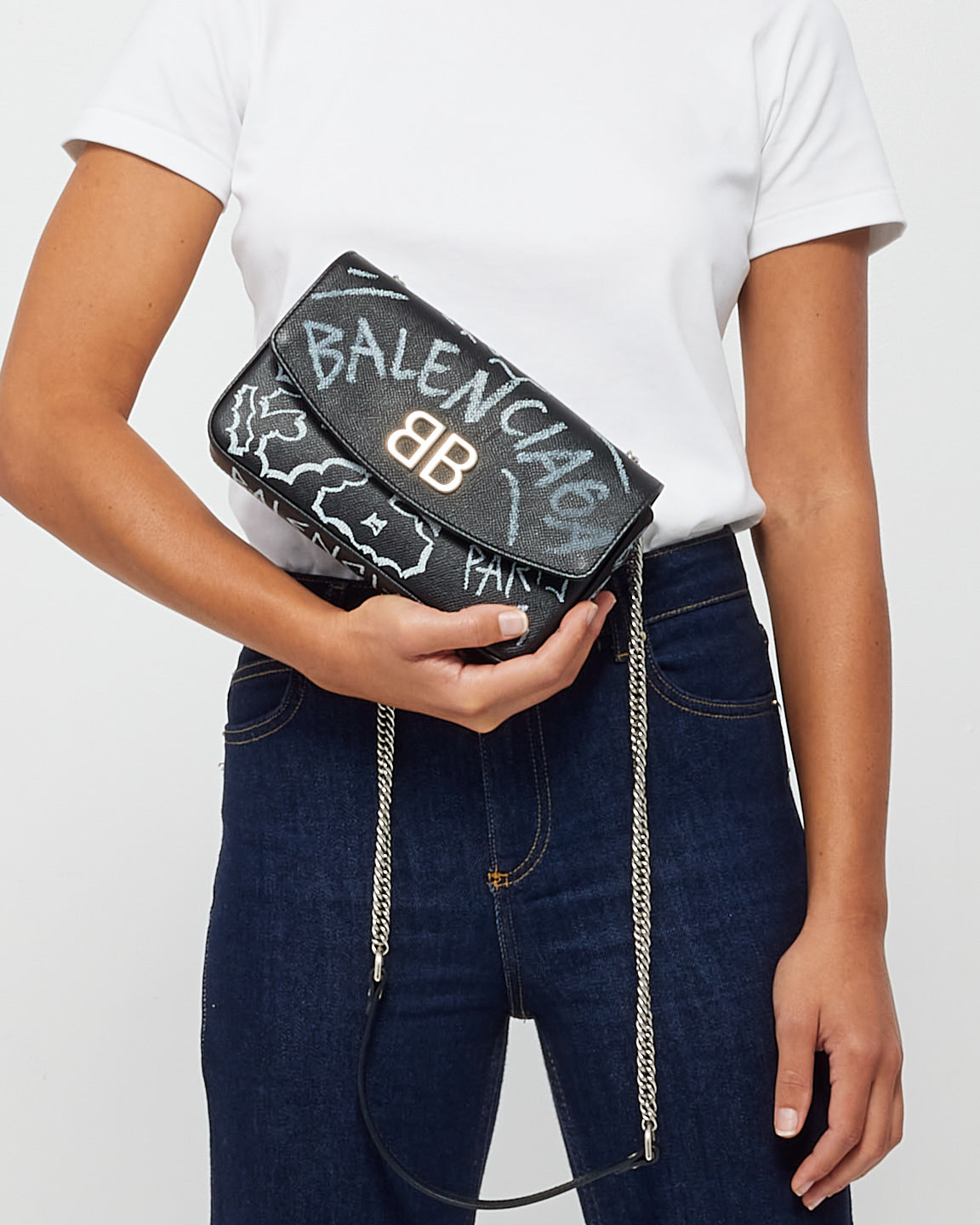 Balenciaga Black Leather Graffiti BB Chain Bag