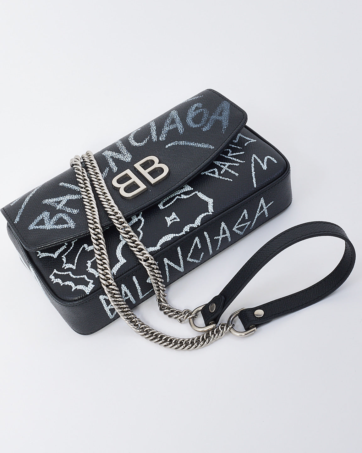 Balenciaga Black Leather Graffiti BB Chain Bag