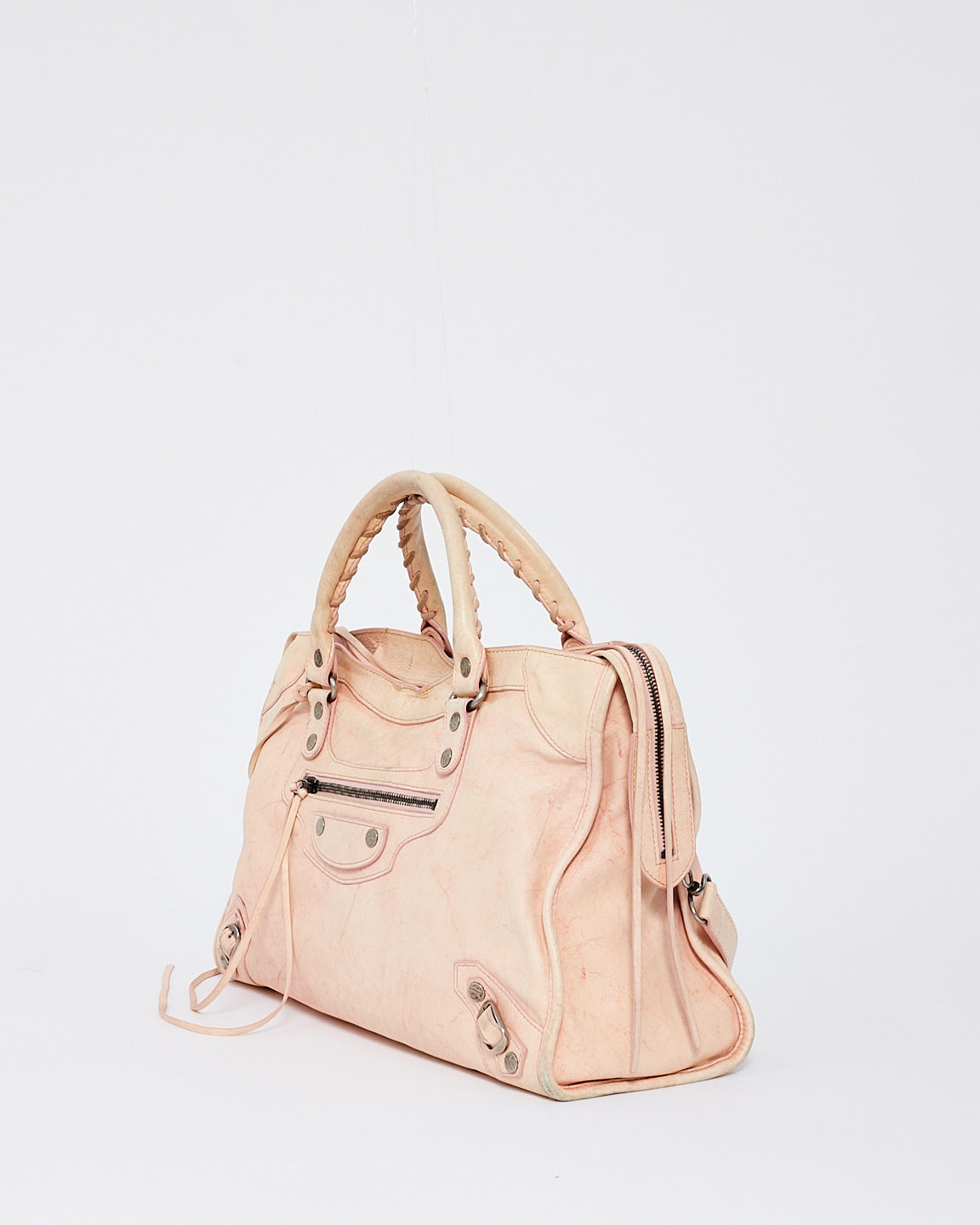 Balenciaga Sac de ville en cuir rose avec clous martelés