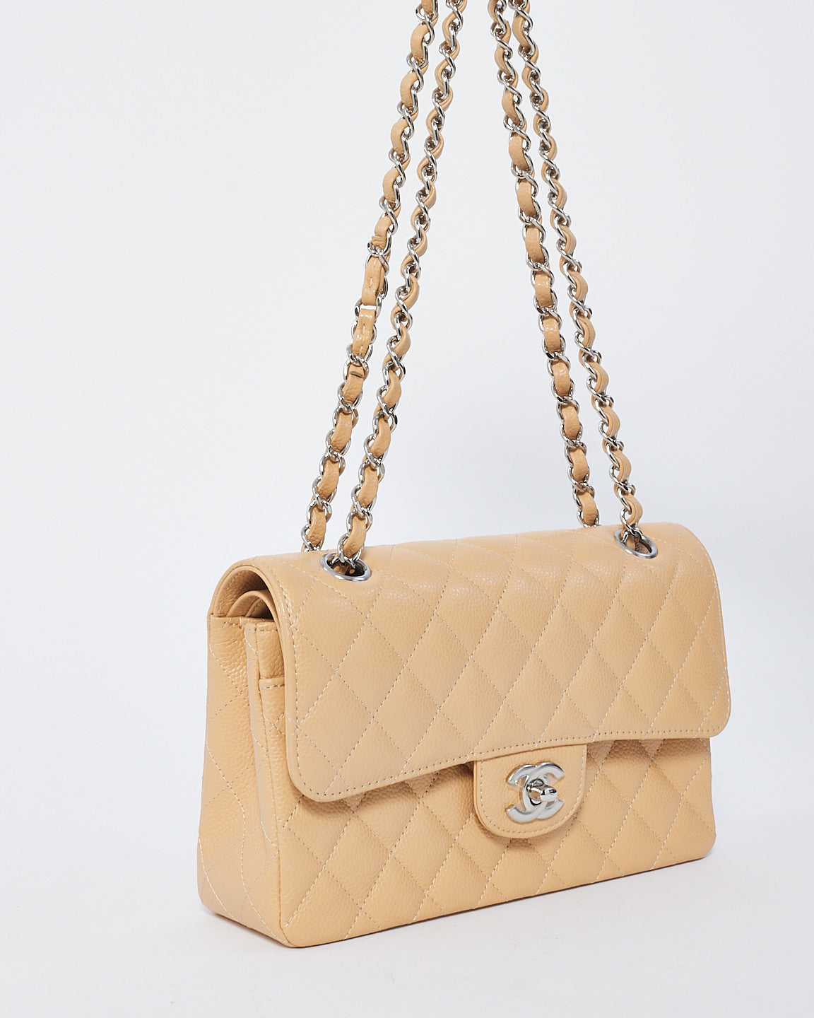 Chanel Beige Caviar Leather Small Classic Double Flap Shoulder Bag with SHW