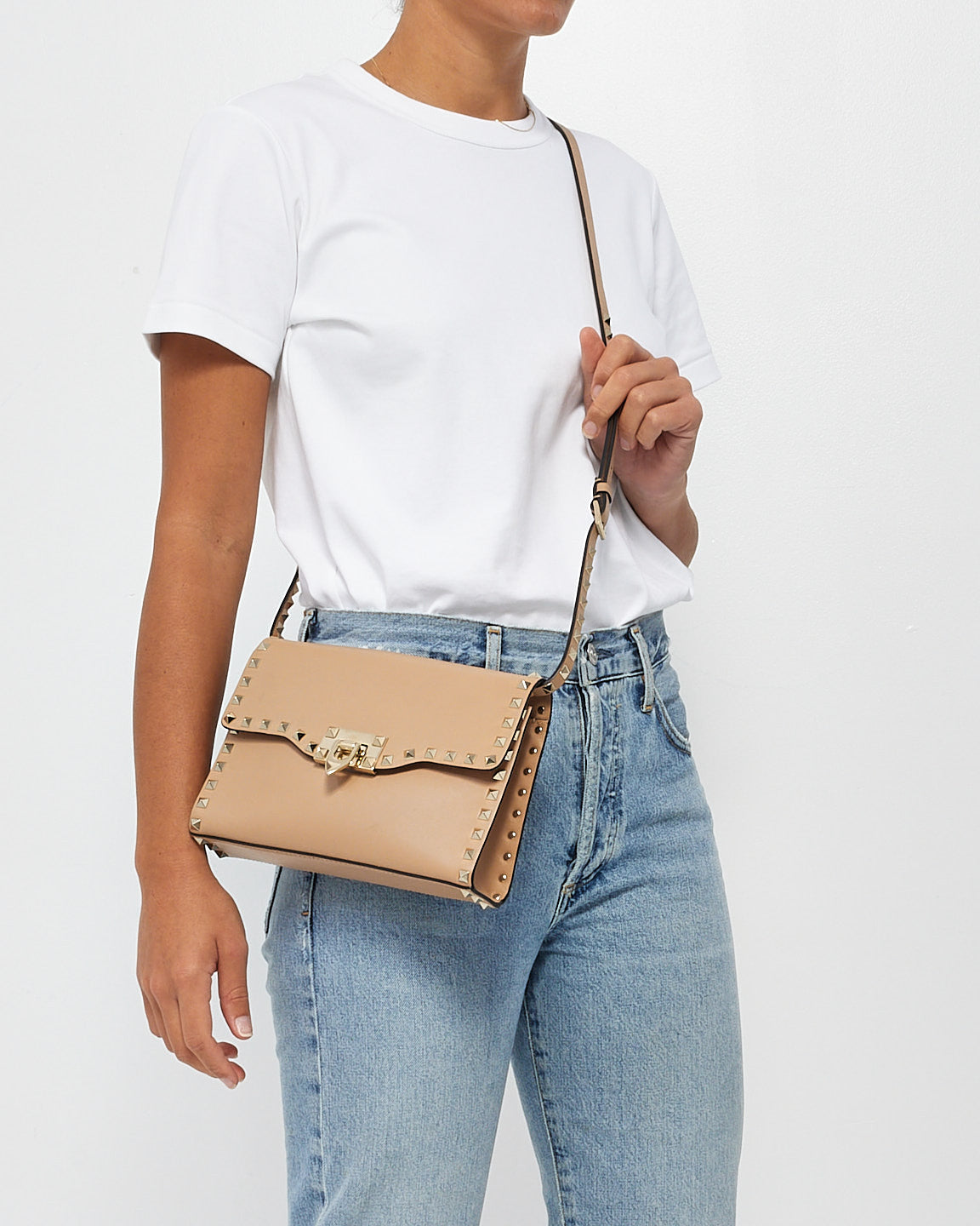 Valentino Beige Leather Small Rockstud Crossbody Bag