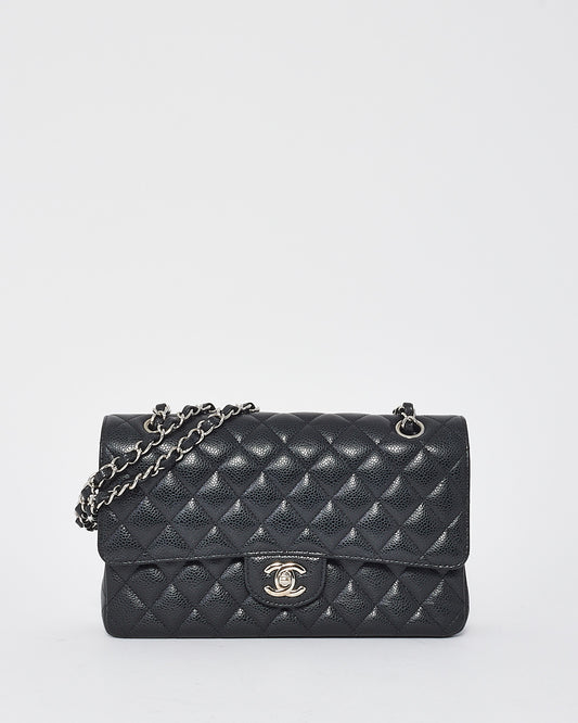 Sac à double rabat classique moyen en cuir caviar noir Chanel SHW