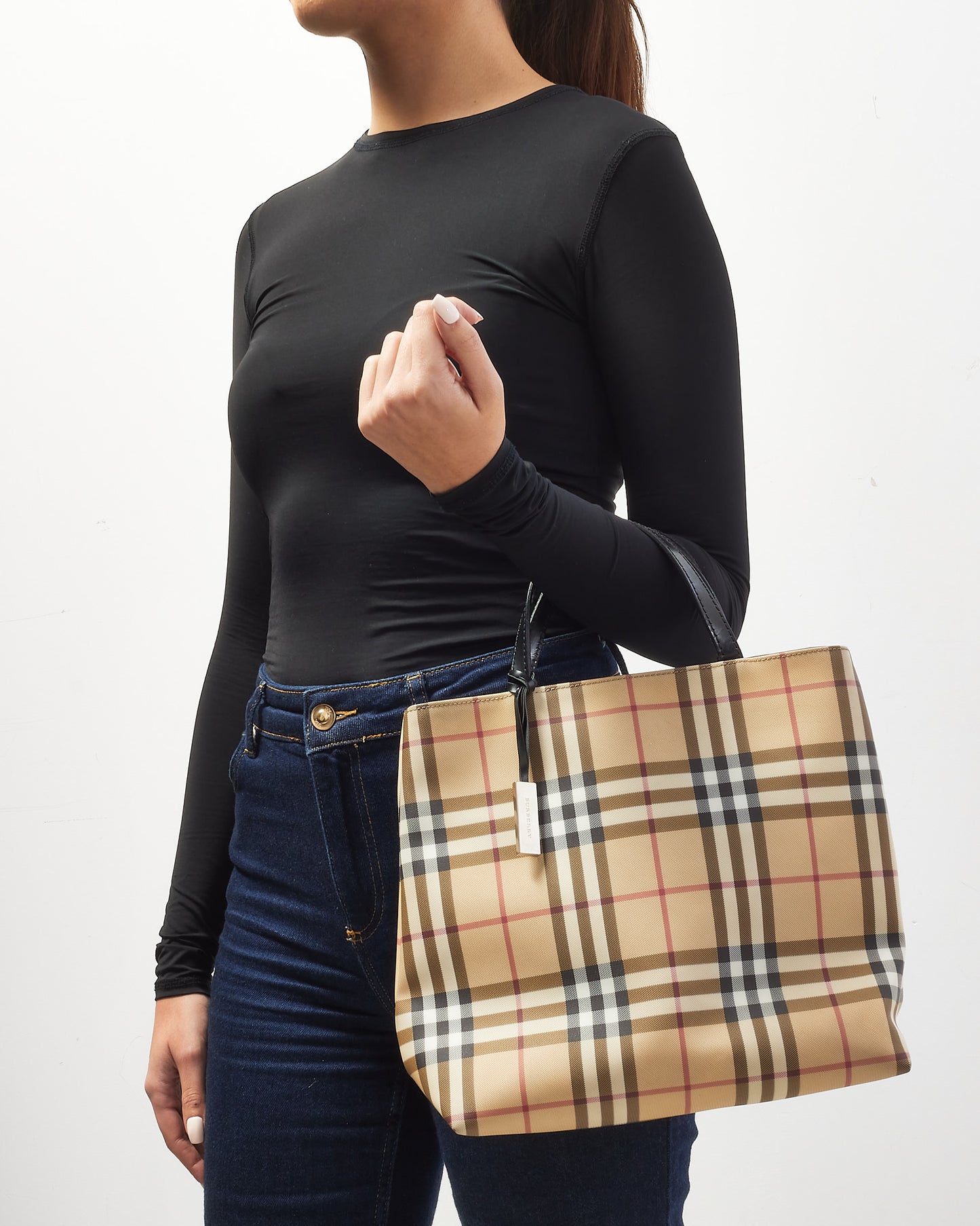 Burberry Beige Nova Check Coated Canvas Top Handle Tote Bag