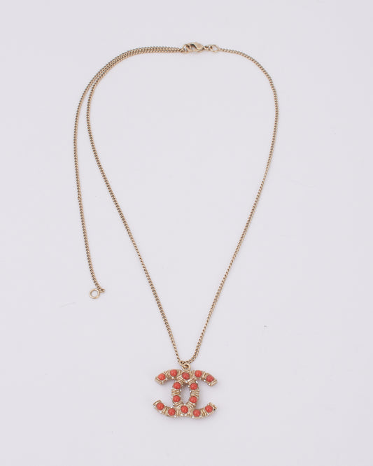 Chanel Gold Tone Metal with Coral Beads CC Logo Necklace