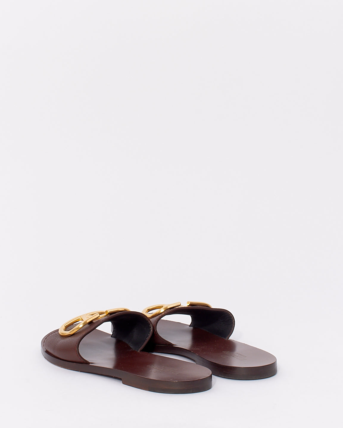 Valentino Brown Leather  V Logo Slide Sandals - 37