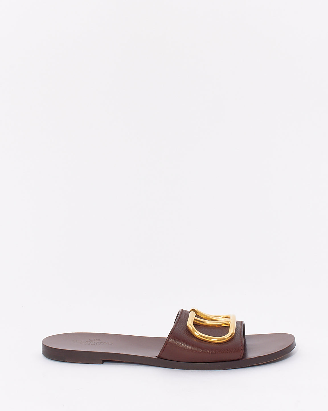 Valentino Brown Leather  V Logo Slide Sandals - 37