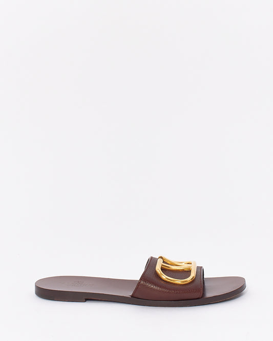 Valentino Brown Leather  V Logo Slide Sandals - 37