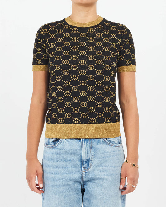 Gucci Black 
Gold Sparkle Knit Monogram Sweater Top - XS