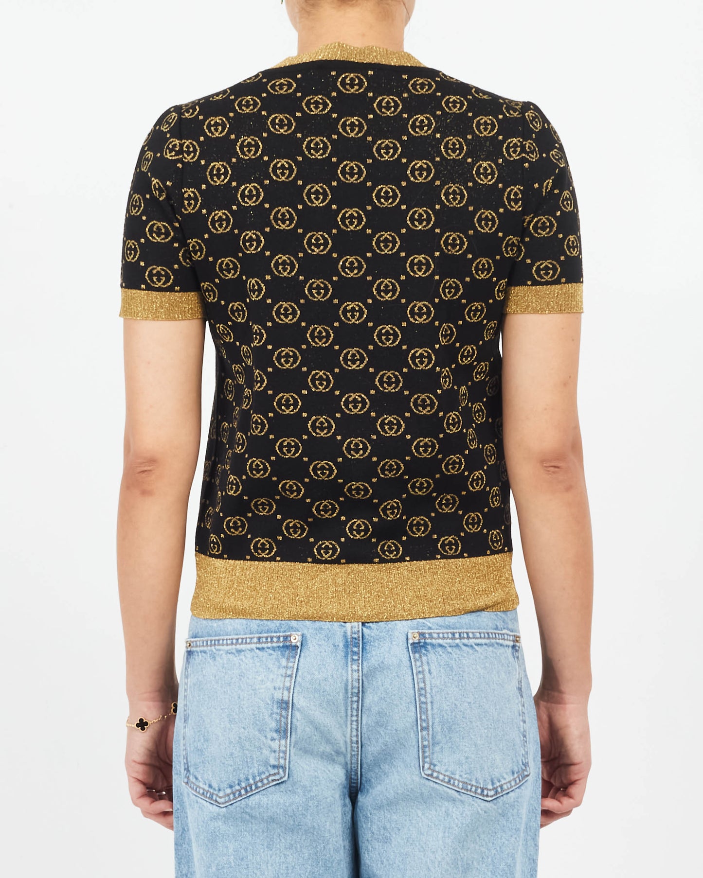 Gucci Black 
Gold Sparkle Knit Monogram Sweater Top - XS