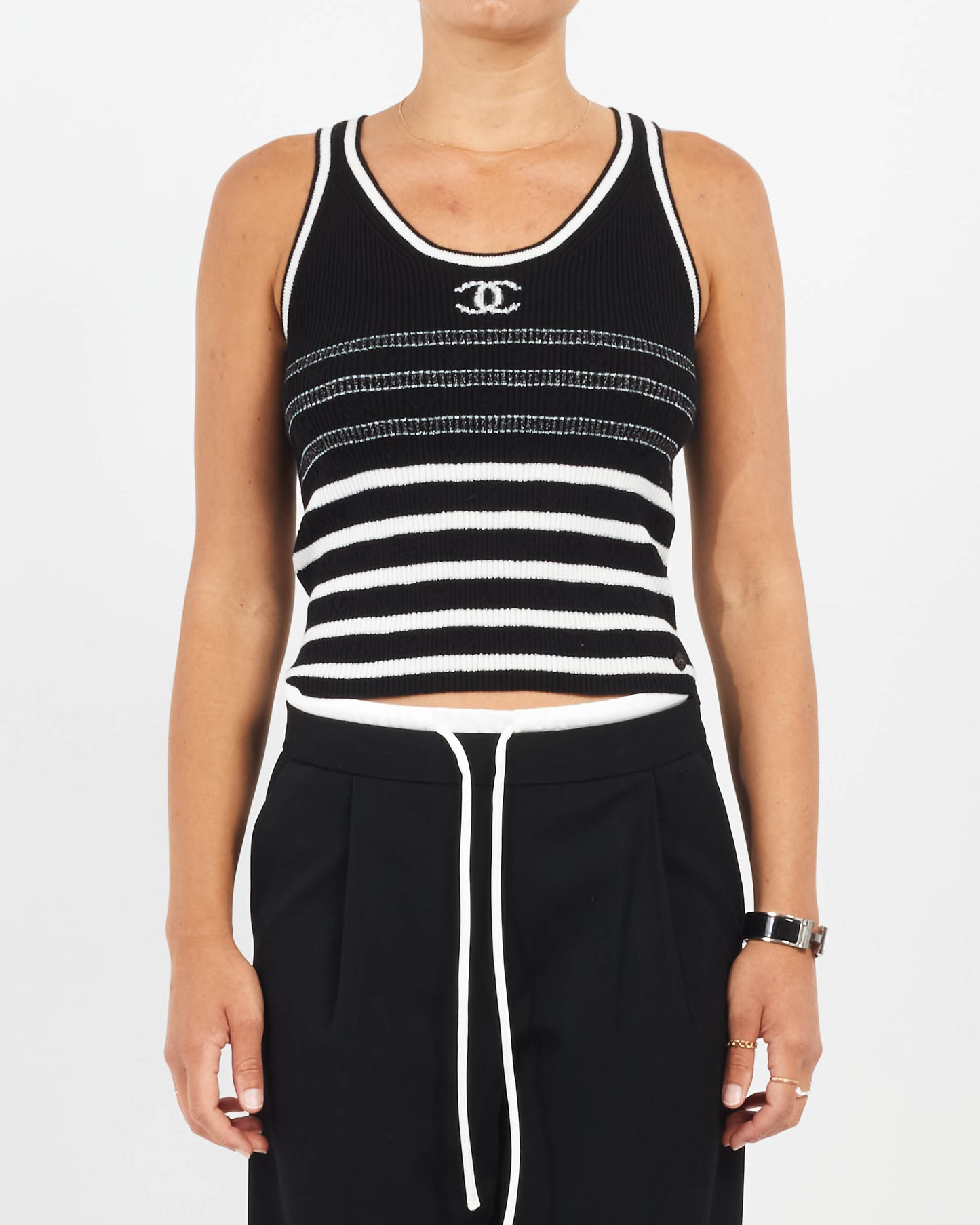 Chanel Black 
White Glitter Stripe Heart 
Logo Tank Top - 38