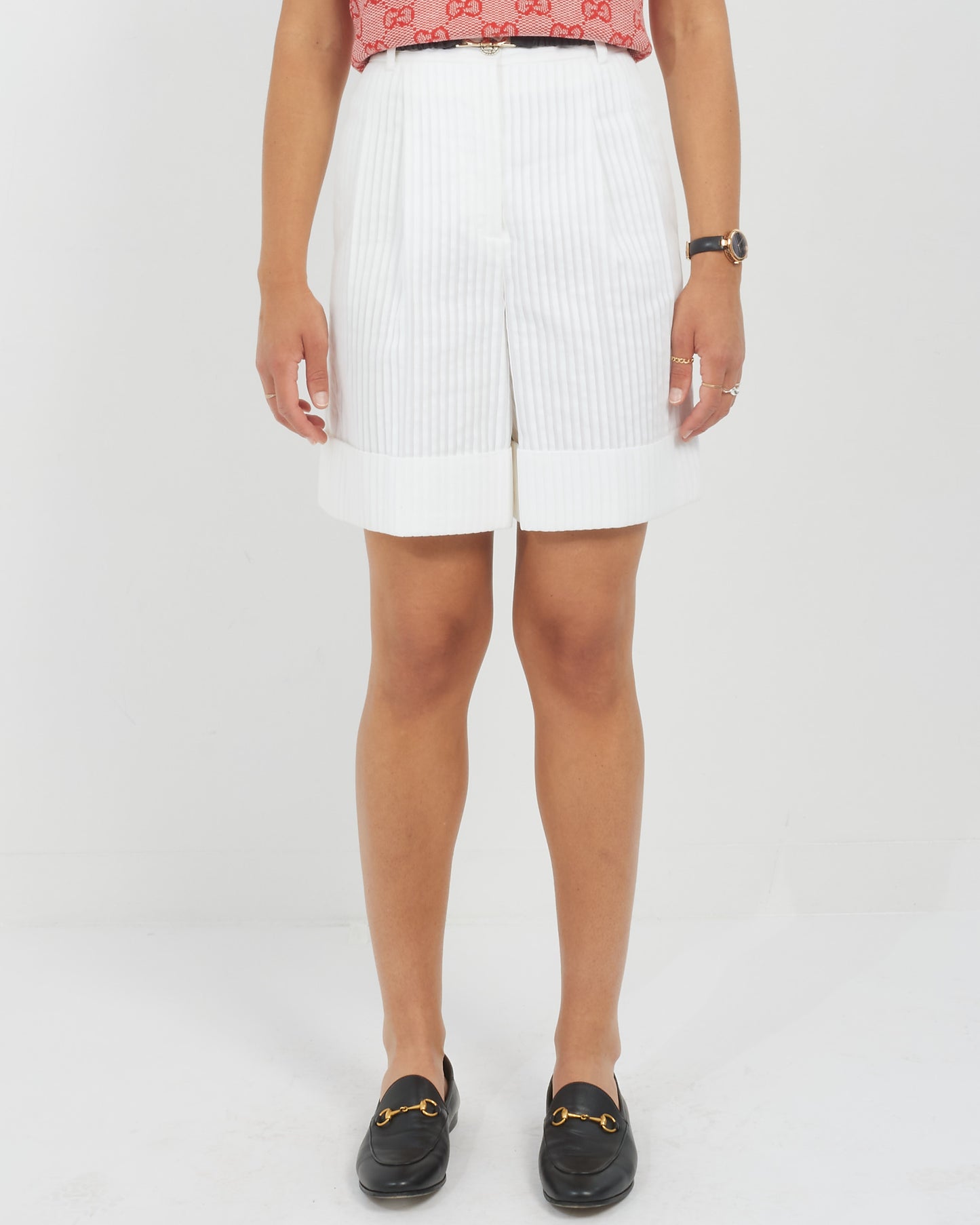 Chanel White Plissé Cotton Bermuda Shorts - 36