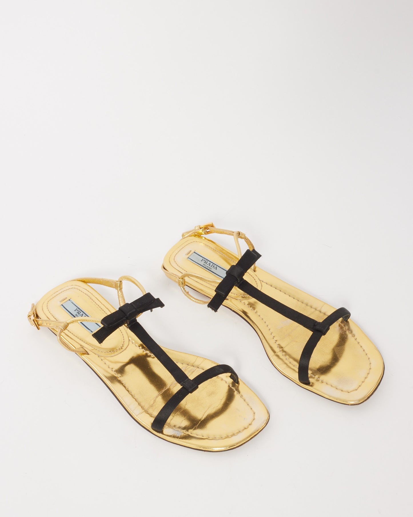 Prada Gold Patent Leather Black Bow Sandals - 37.5