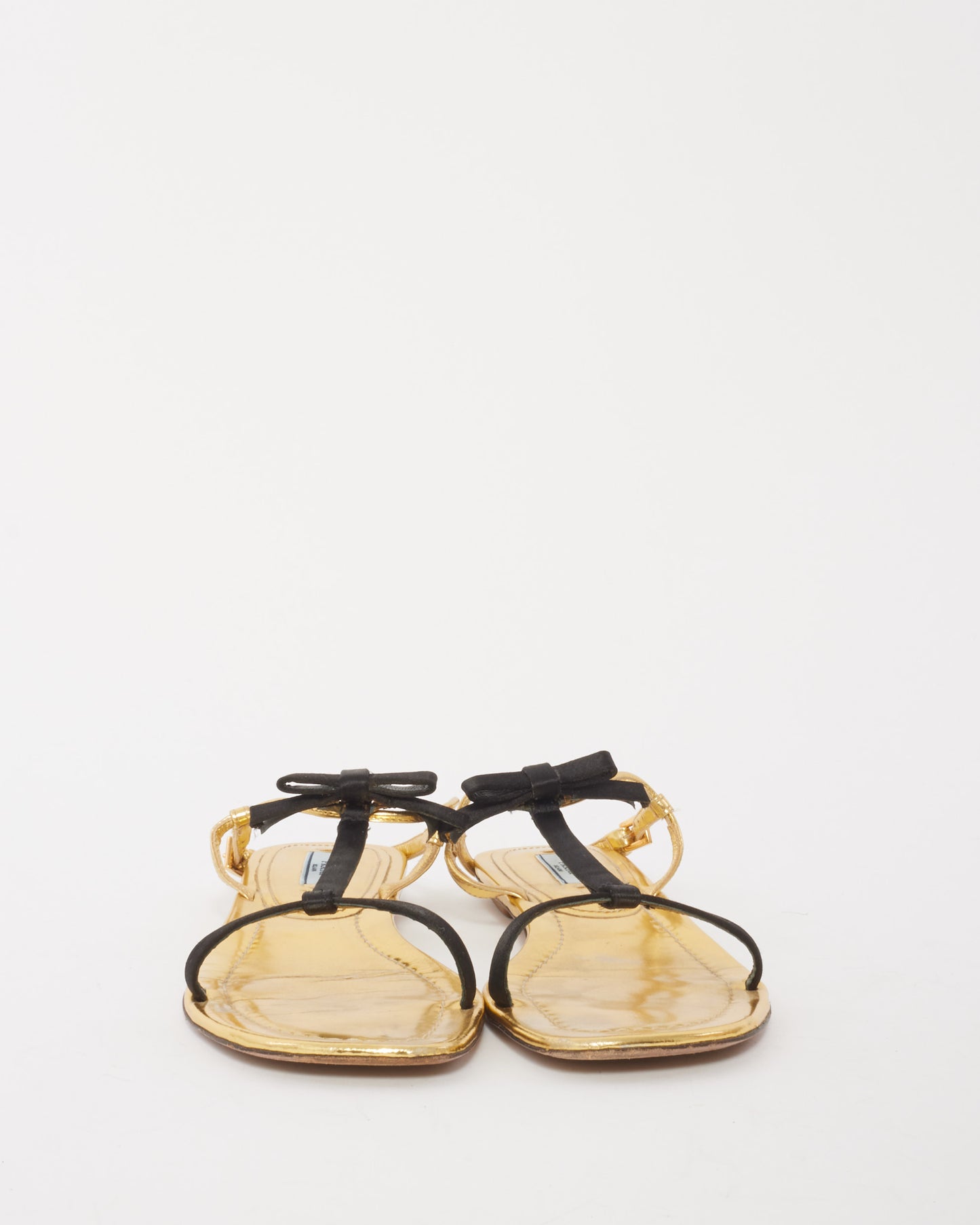 Prada Gold Patent Leather Black Bow Sandals - 37.5