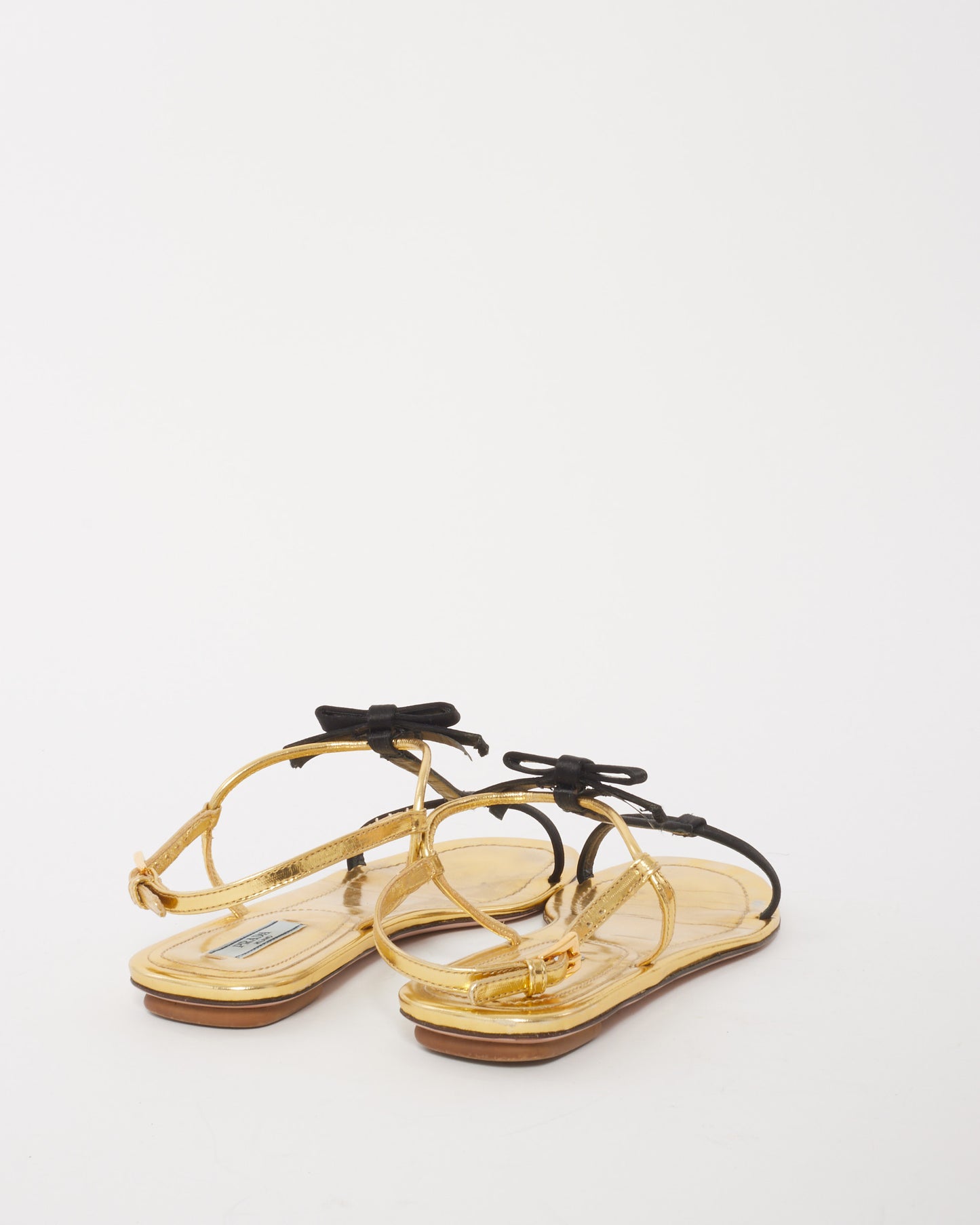 Prada Gold Patent Leather Black Bow Sandals - 37.5