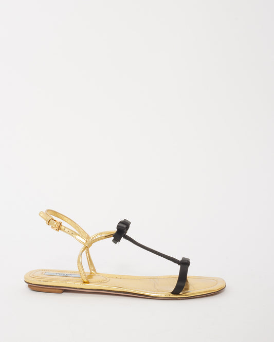 Prada Gold Patent Leather Black Bow Sandals - 37.5