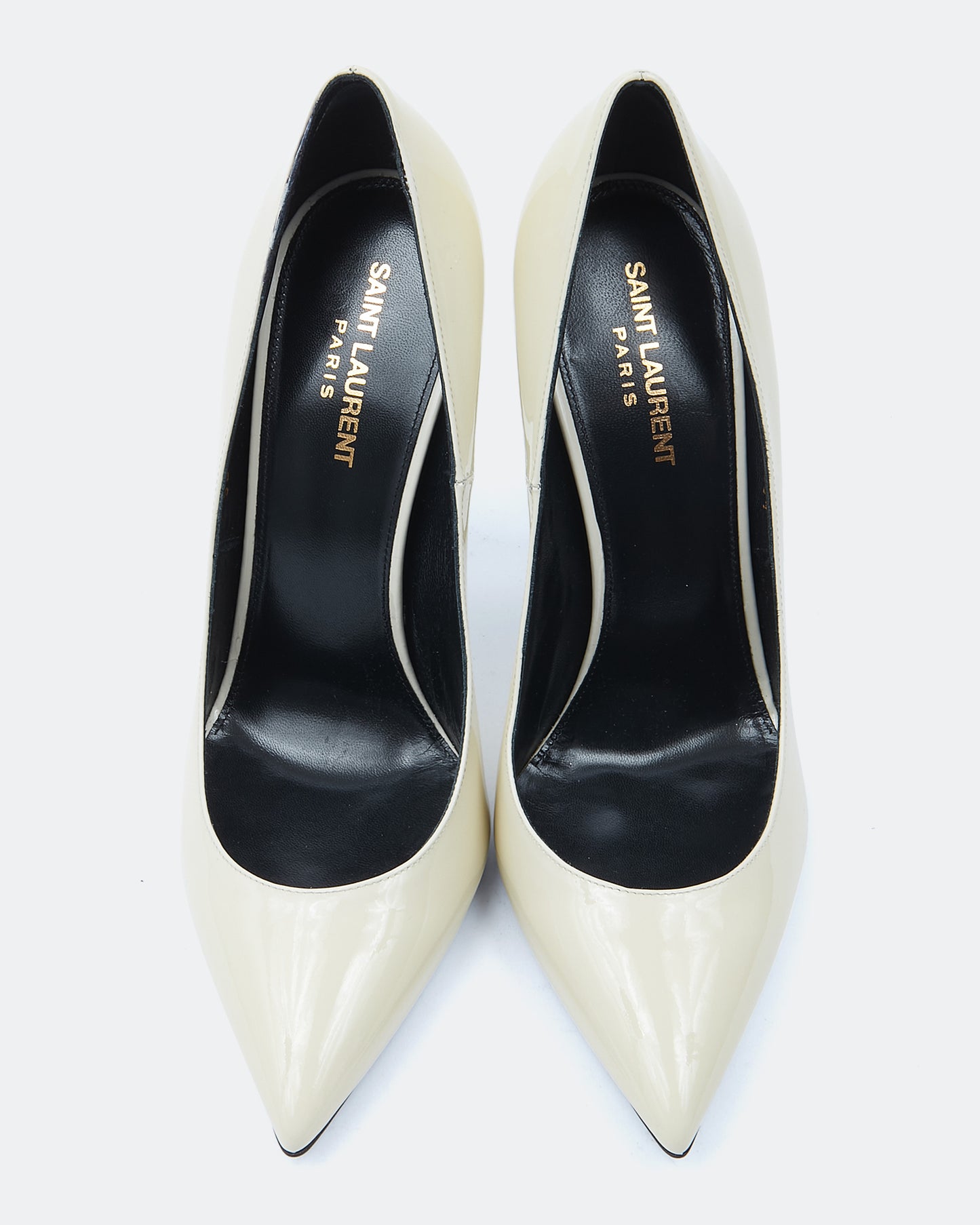 Saint Laurent Cream Patent Logo Point Toe Heel - 40.5